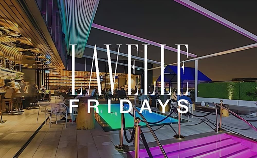 Lavelle Fridays promoter listing artwork, rooftop pool at night